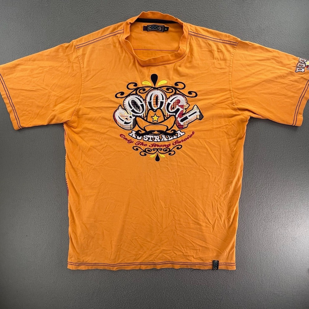 Y2K COOGI Australia Men XL Orange Embroidered Cowboy Graphic T Shirt Hip Hop